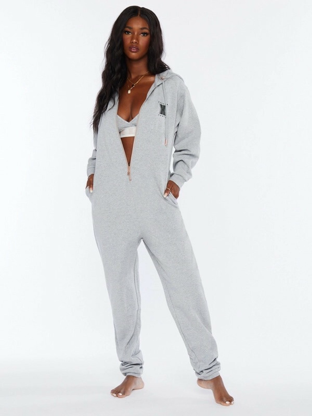 Savage X Fenty Light Grey Zip-Front Hooded Jumpsuit